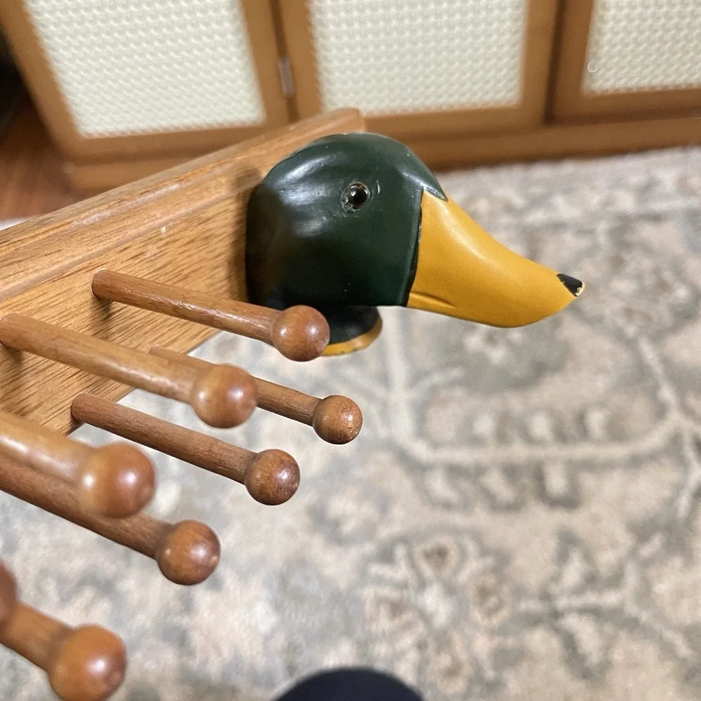 Vtg 50s Drake Mallard Duck Wooden Tie Rack 24 Pegs Handmade Cabin Hunting Rustic